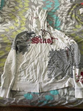 White Graphic Zip-Up Hoodie with Red Script